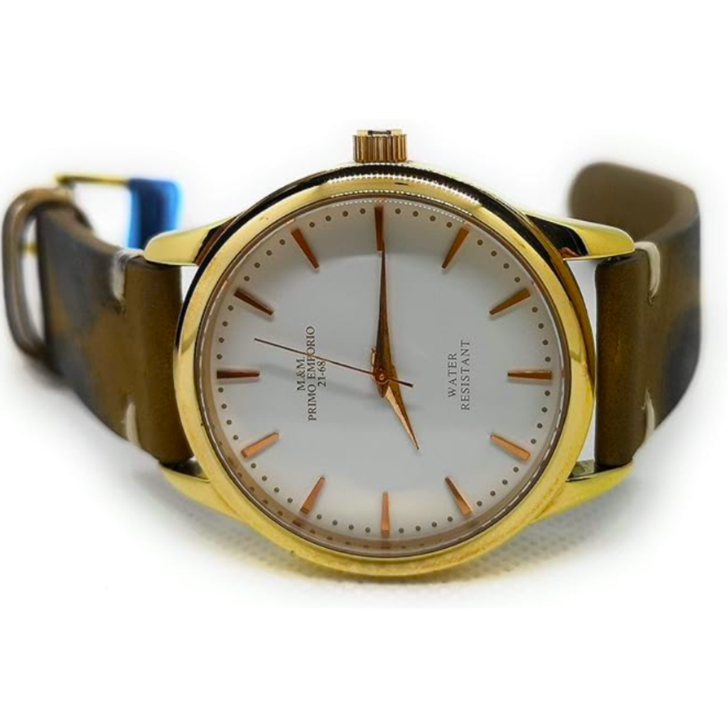 Primo Emporio Orologio da uomo cassa dorata e fondo bianco, cinturino in vera pelle