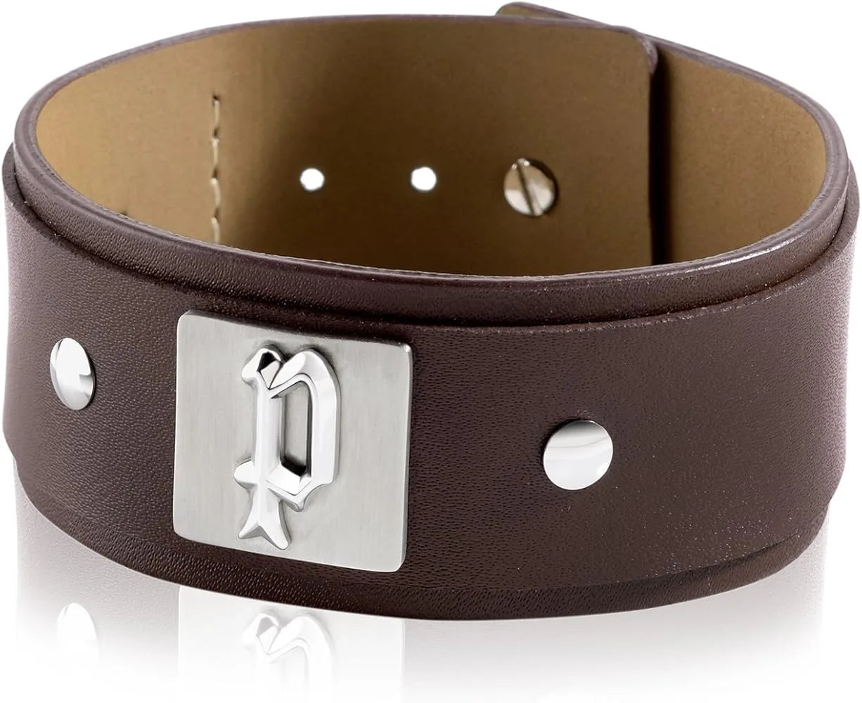 Police-Armband aus braunem Leder und Edelstahl, Modell S14KX02B
