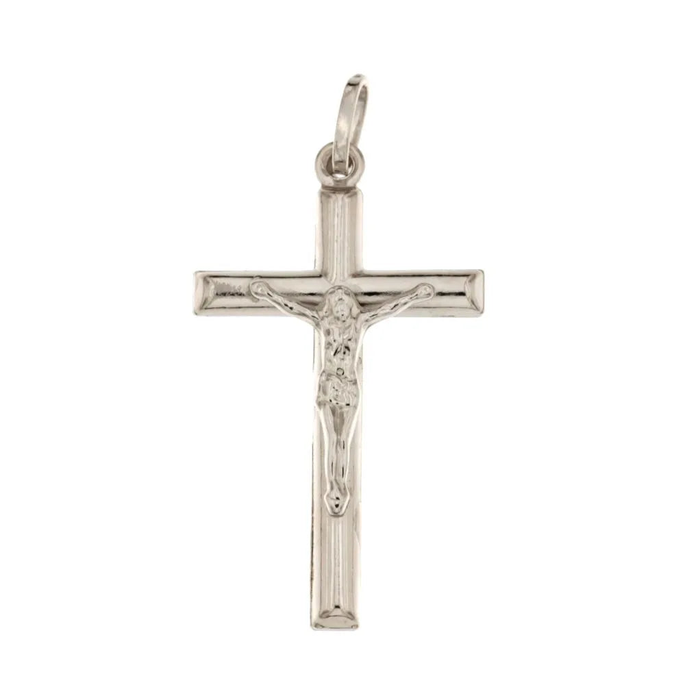 Croce in oro bianco 18 kt scatolata con Cristo unisex