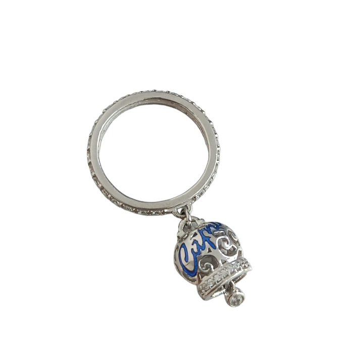 Anello donna campanella capri con scritta blu e fascia zirconata argento 925