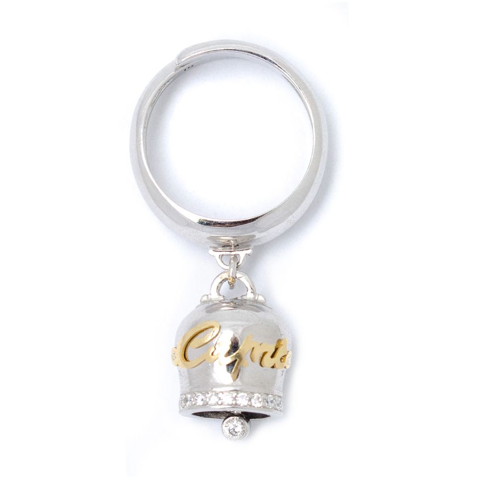 Anello donna con Campanella della fortuna in argento 925, zirconi e lettering Capri in oro 18 kt