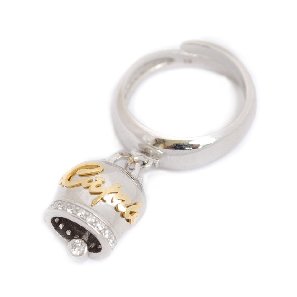 Anello donna con Campanella della fortuna in argento 925, zirconi e lettering Capri in oro 18 kt