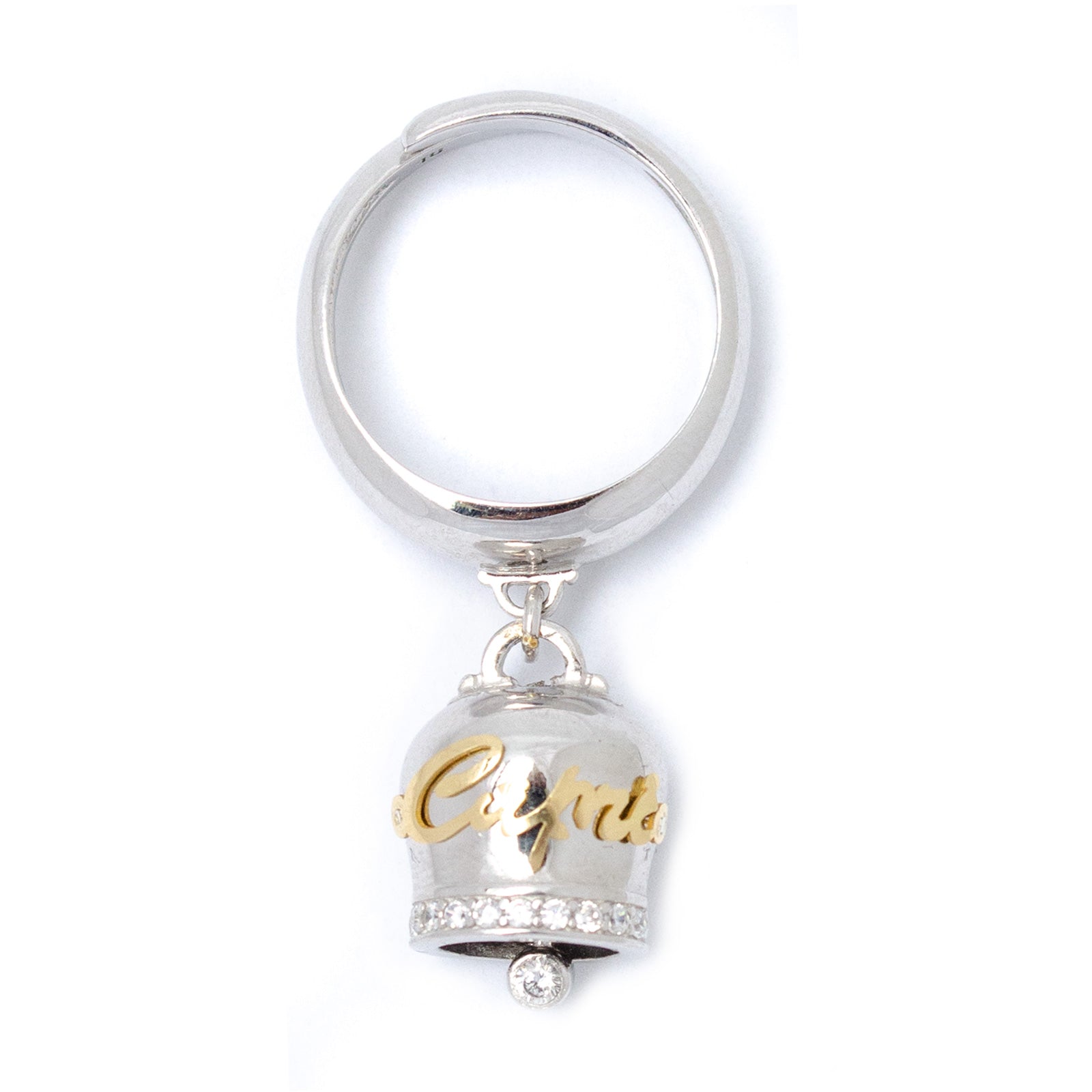 Damenring mit Glücksglöckchen aus 925er Silber, Zirkonia und Capri-Schriftzug aus 18 Karat Gold (verstellbar)