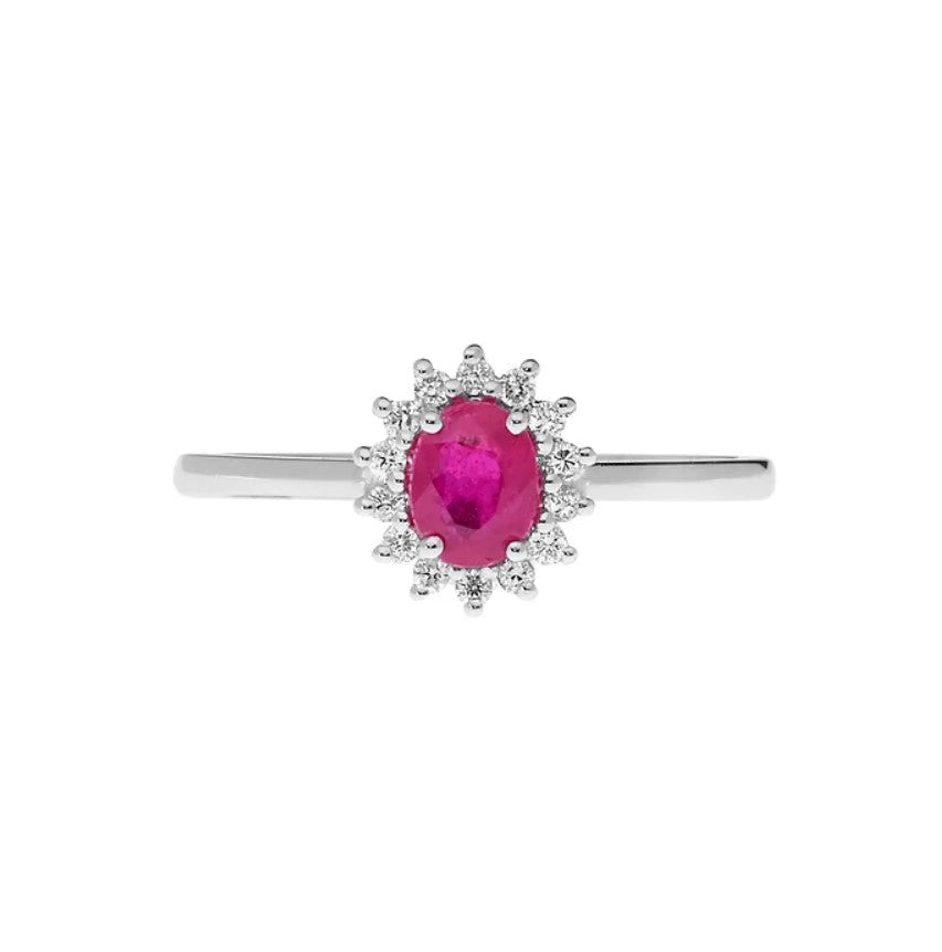 Anello donna fidanzamento  in oro bianco diamanti e rubino ovale anb 2573