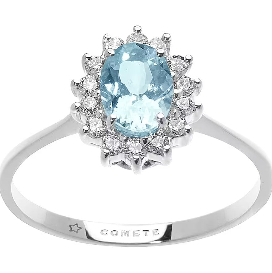 Anello donna fidanzamento oro bianco acquamarina e diamanti solitario Comete Azzurra anq 315