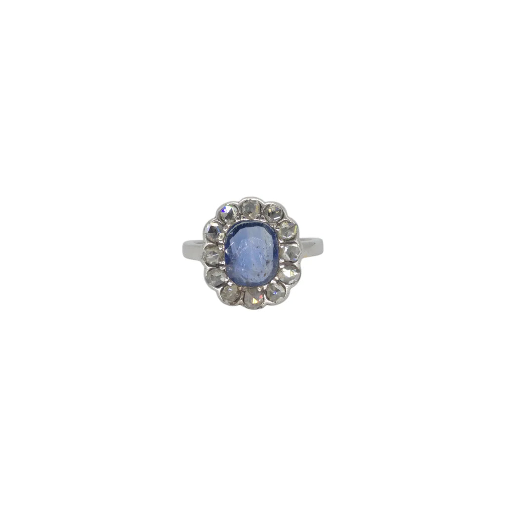 Anello donna zaffiro blu centrale e diamanti bianchi