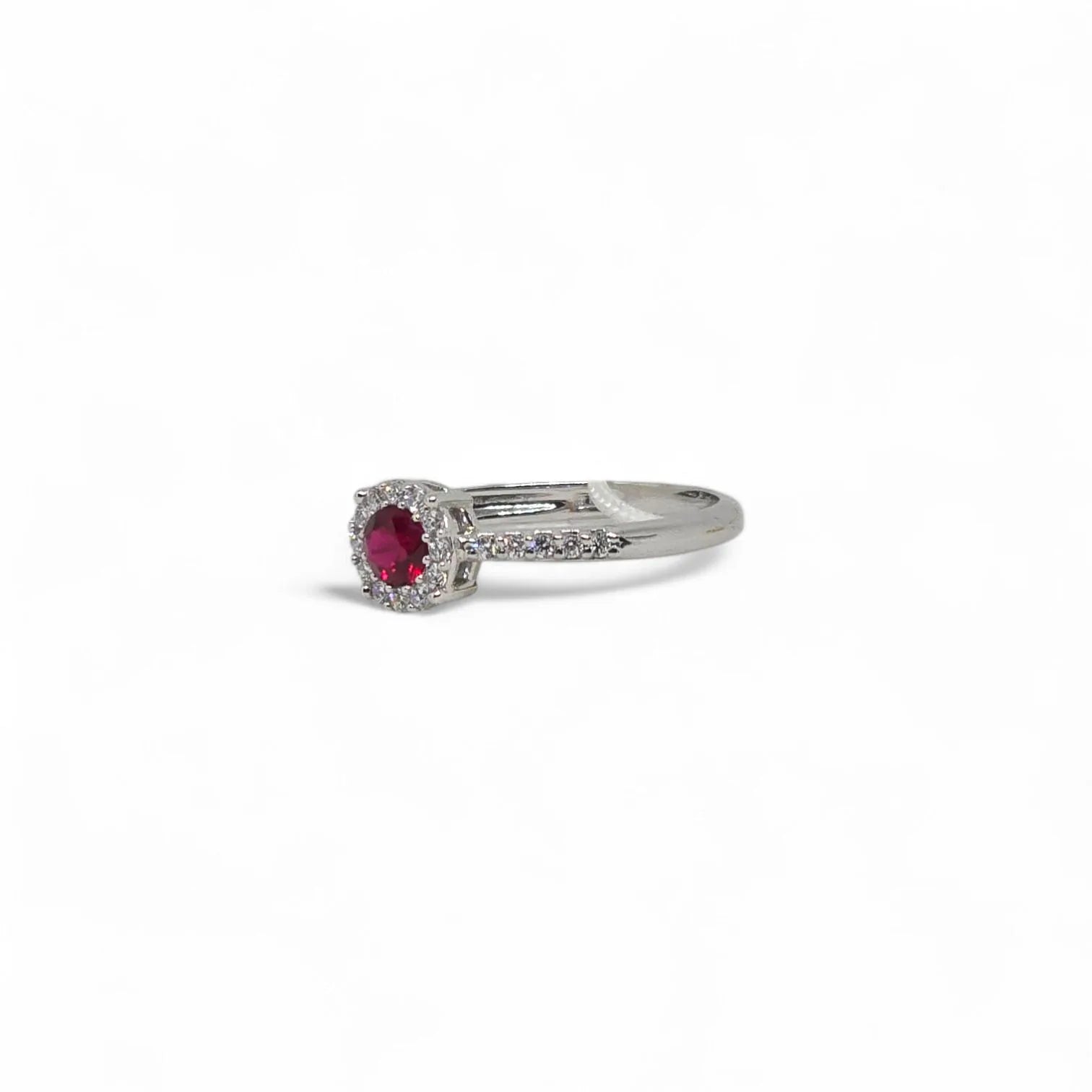 Anello iGold in Oro Bianco 9ct con Pietra Rossa Effetto Rubino e Zirconi Bianchi