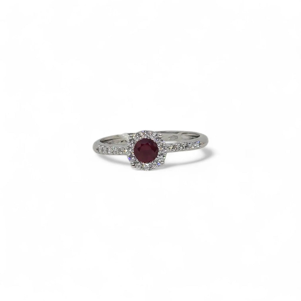 Anello iGold in Oro Bianco 9ct con Pietra Rossa Effetto Rubino e Zirconi Bianchi