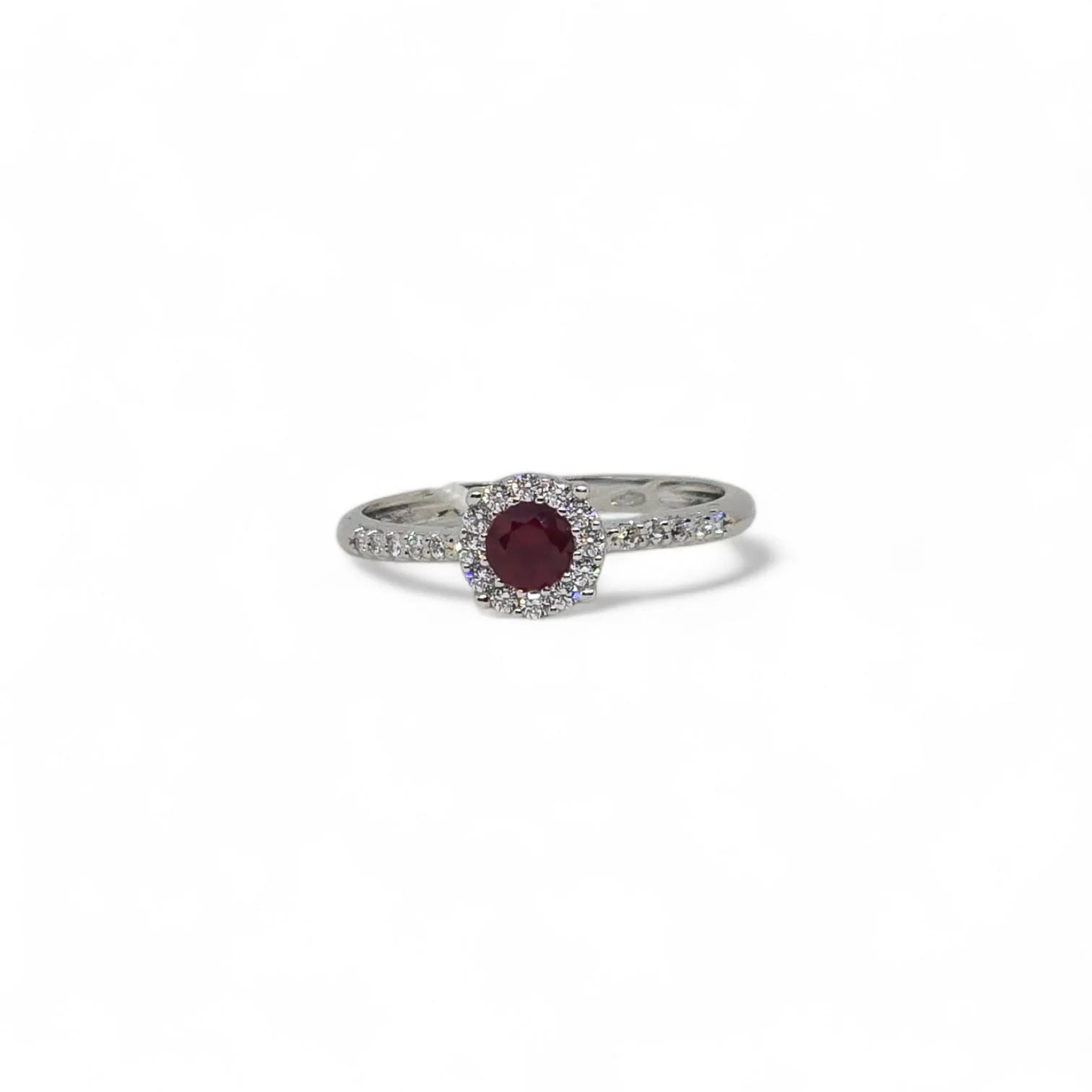 Anello iGold in Oro Bianco 9ct con Pietra Rossa Effetto Rubino e Zirconi Bianchi