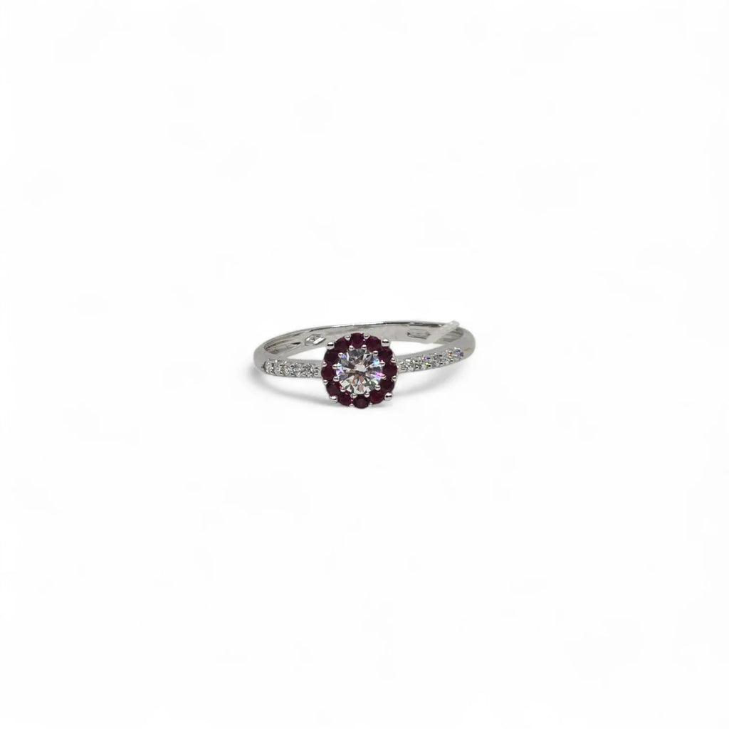 iGold Ring aus 9 Karat Weißgold mit weißem Zirkonia im Brillantschliff sowie roten und weißen Zirkonia
