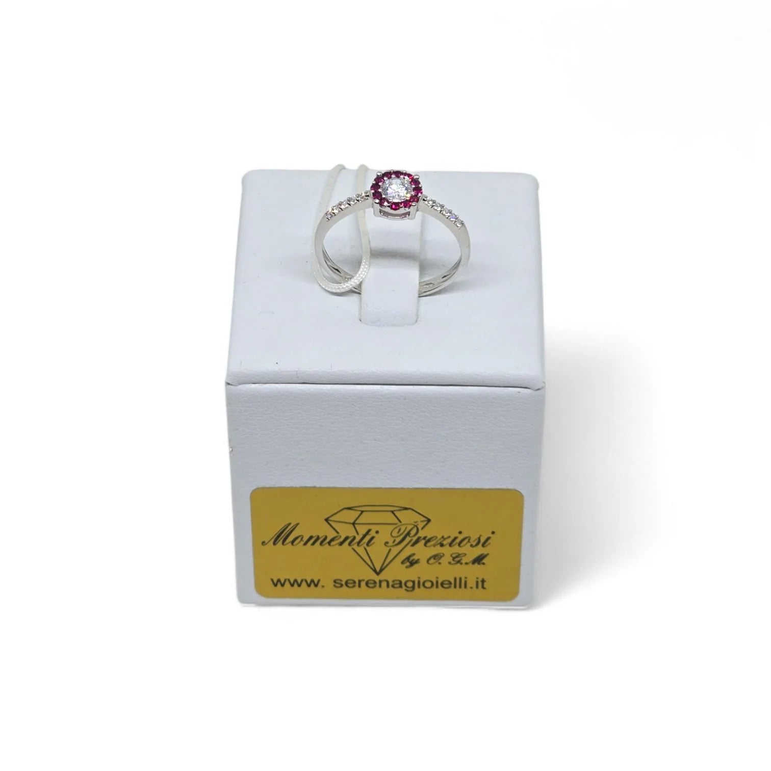 iGold Ring aus 9 Karat Weißgold mit weißem Zirkonia im Brillantschliff sowie roten und weißen Zirkonia