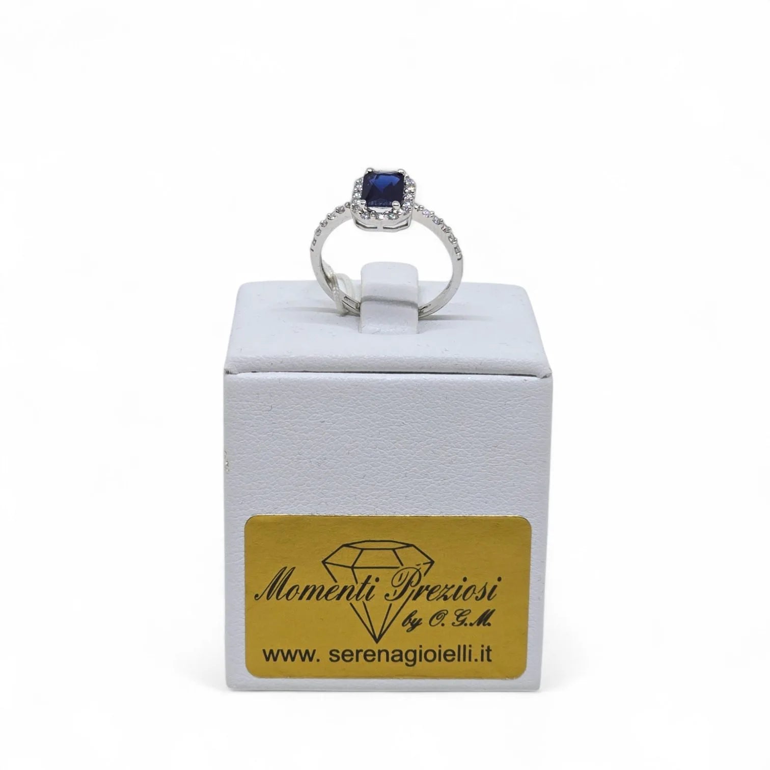Anello iGold in Oro Bianco 9ct con Zircone Blu Rettangolare e Zirconi Bianchi
