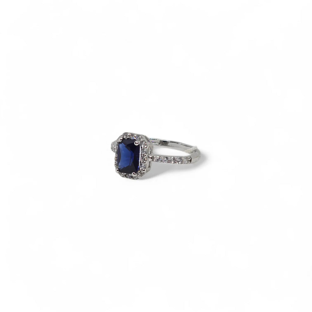 Anello iGold in Oro Bianco 9ct con Zircone Blu Rettangolare e Zirconi Bianchi