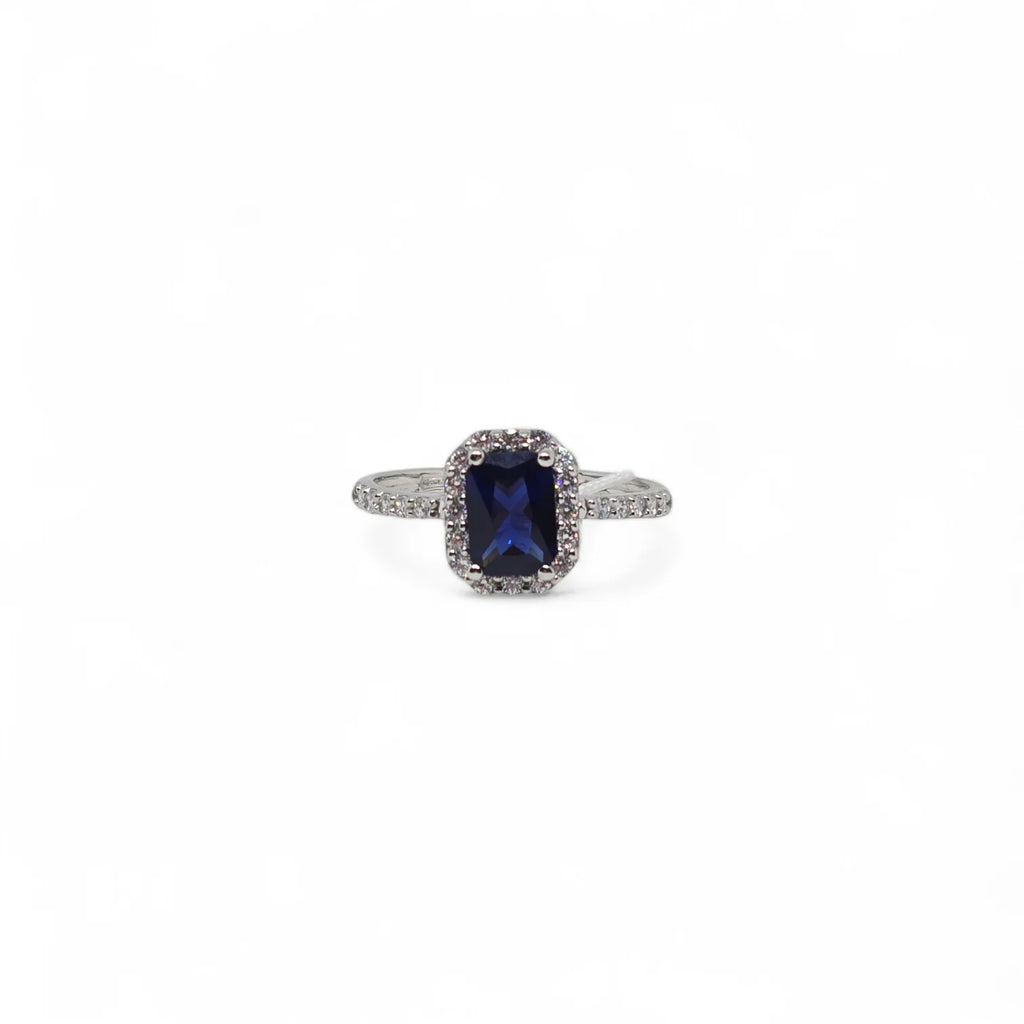 Anello iGold in Oro Bianco 9ct con Zircone Blu Rettangolare e Zirconi Bianchi