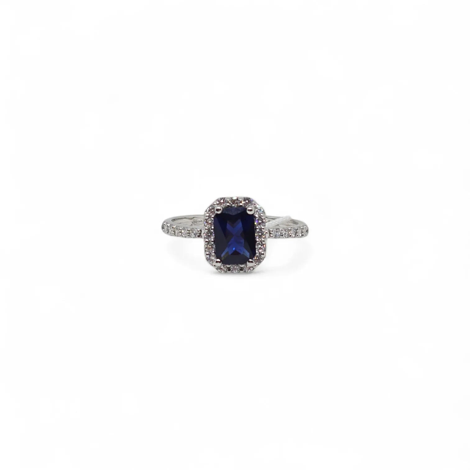 Anello iGold in Oro Bianco 9ct con Zircone Blu Rettangolare e Zirconi Bianchi