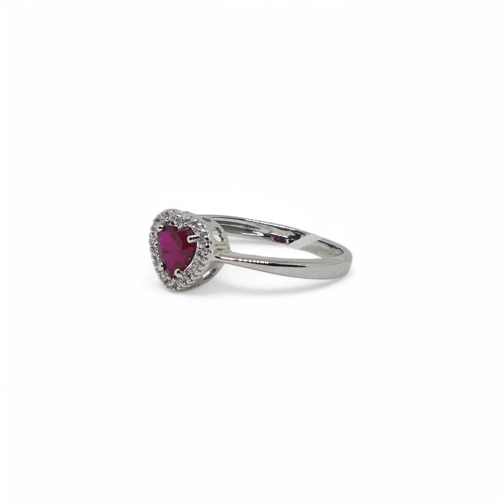 Anello iGold in Oro Bianco 9ct con Zircone Rosso a Cuore e Zirconi Bianchi