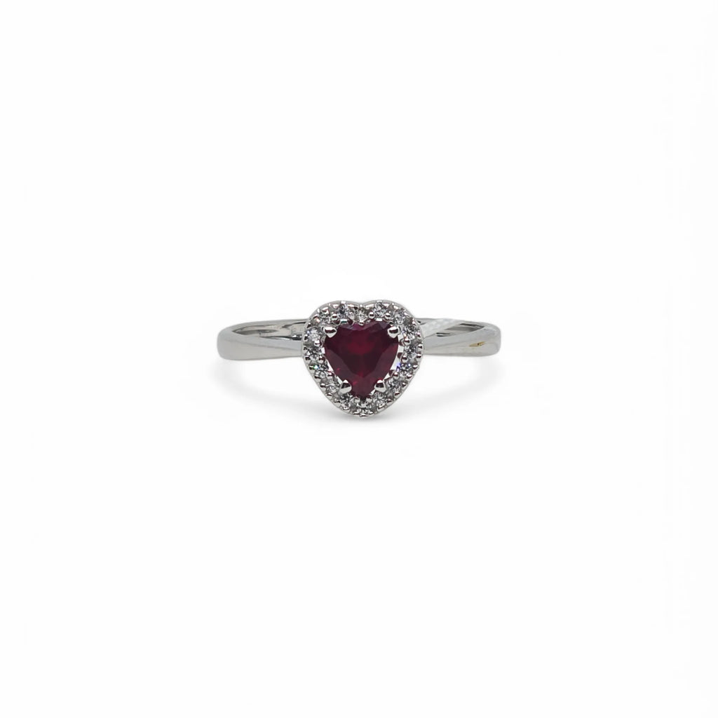 Anello iGold in Oro Bianco 9ct con Zircone Rosso a Cuore e Zirconi Bianchi