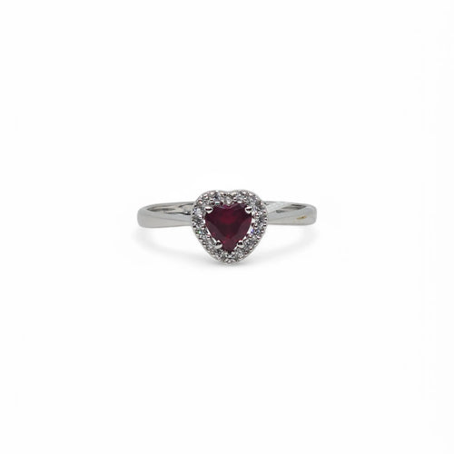 Anello iGold in Oro Bianco 9ct con Zircone Rosso a Cuore e Zirconi Bianchi