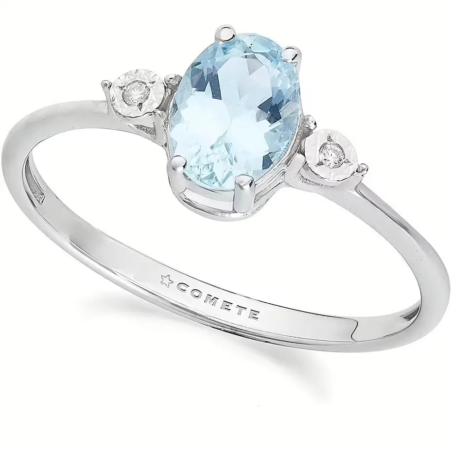 Anello in Oro bianco 375‰ con Diamanti bianchi e Acquamarina