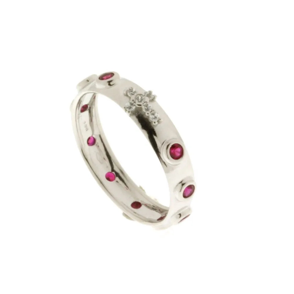 Anello in oro bianco rosario con pietre rosse e croce di zirconi bianchi