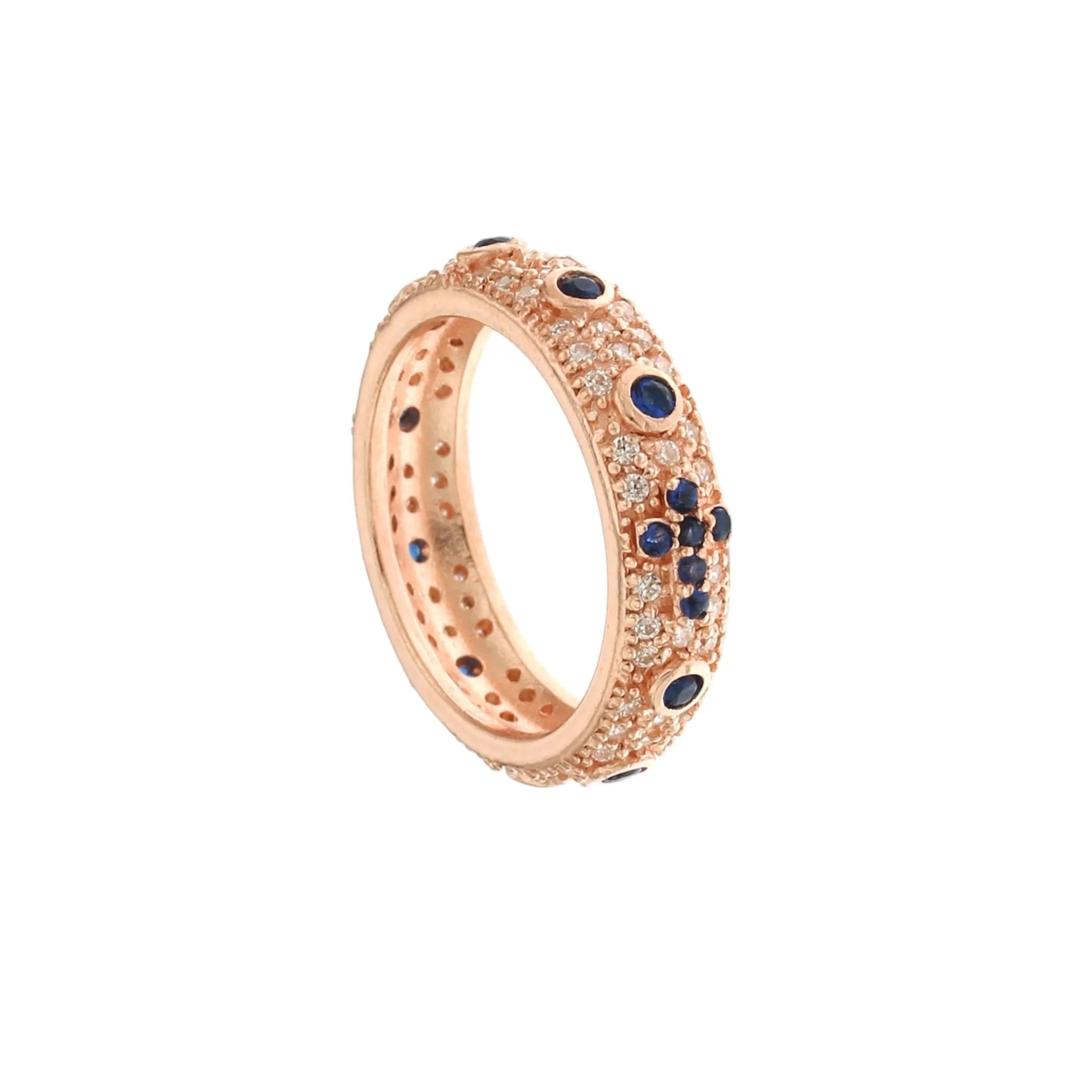 Anello rosario in argento rosato con zirconi bianchi e blu