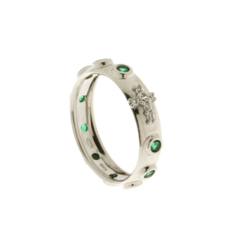 Anello rosario in oro bianco 18kt con pietre verdi gr 3.50
