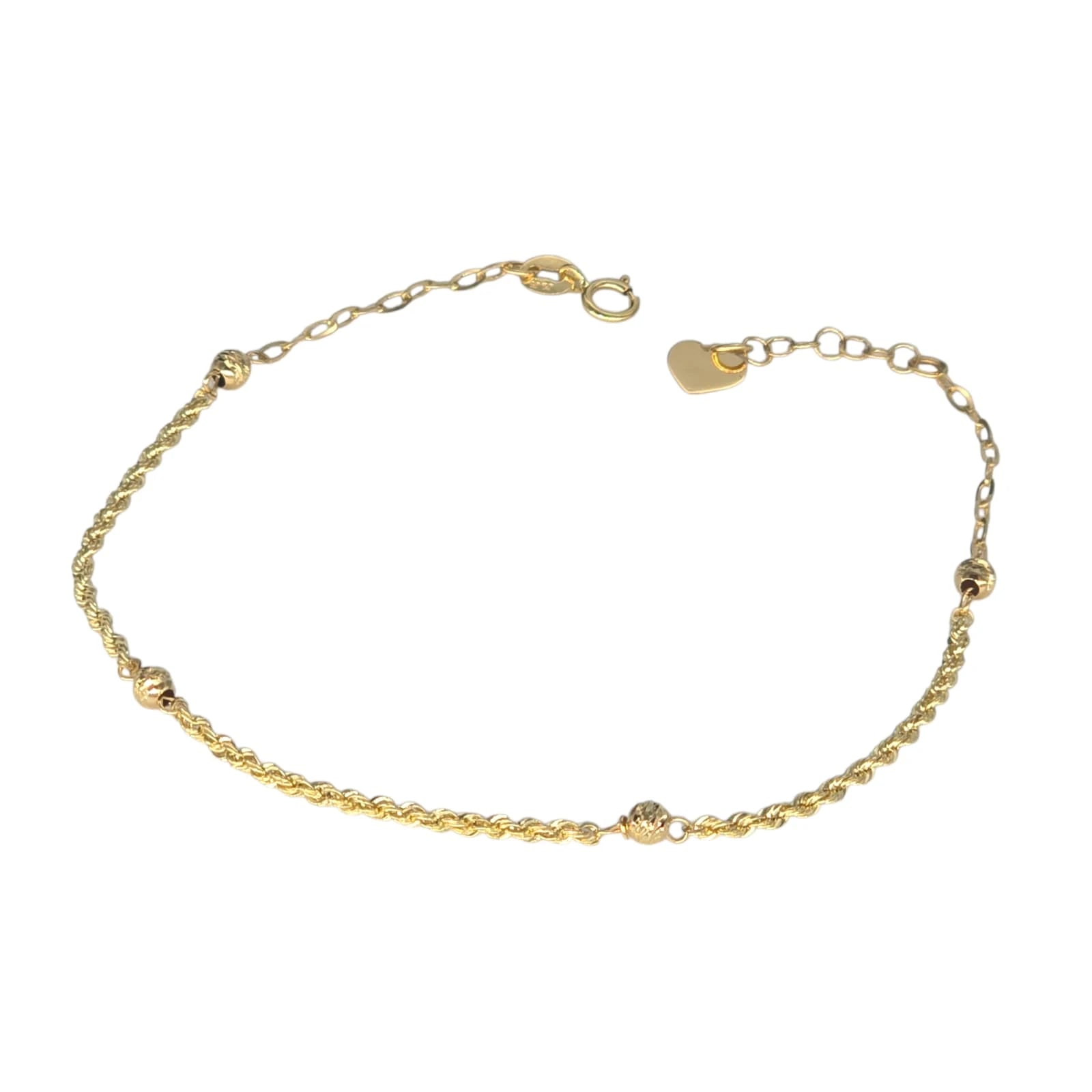 Bracciale Cuore in Oro 18Kt da 1 Grammo con Maglia a Funetta e Sfere Zigrinate