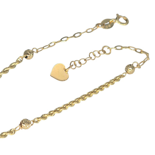 Herzarmband aus 18 Karat Gold (1 Gramm) mit Kordelkette und geriffelten Kugeln
