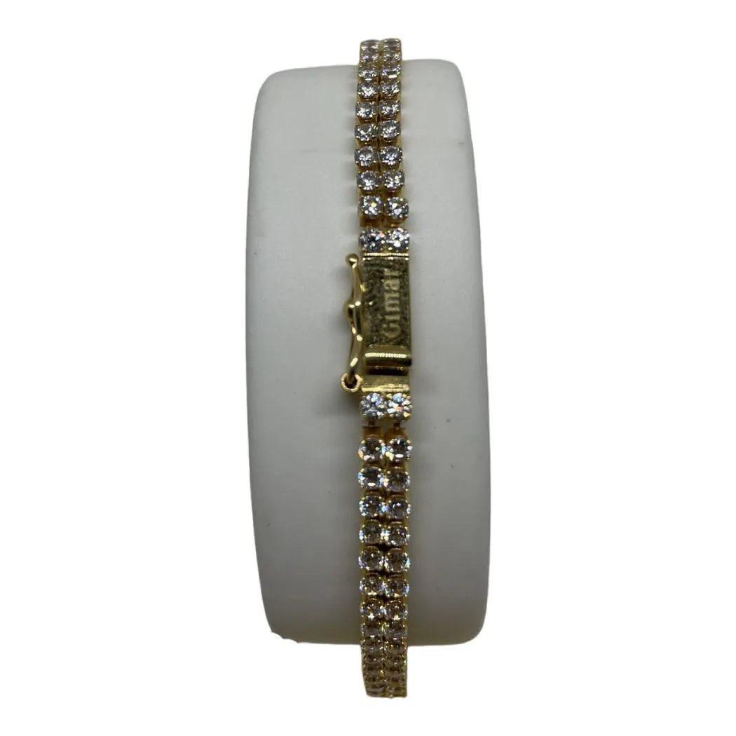 Bracciale Tennis in Oro Giallo 750 18 KT con Due File di Zirconi Bianchi