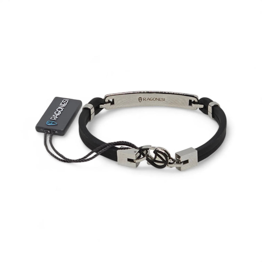 Armband Aragonesen aus schwarzem Leder und Edelstahl mit eleganten geometrischen Details