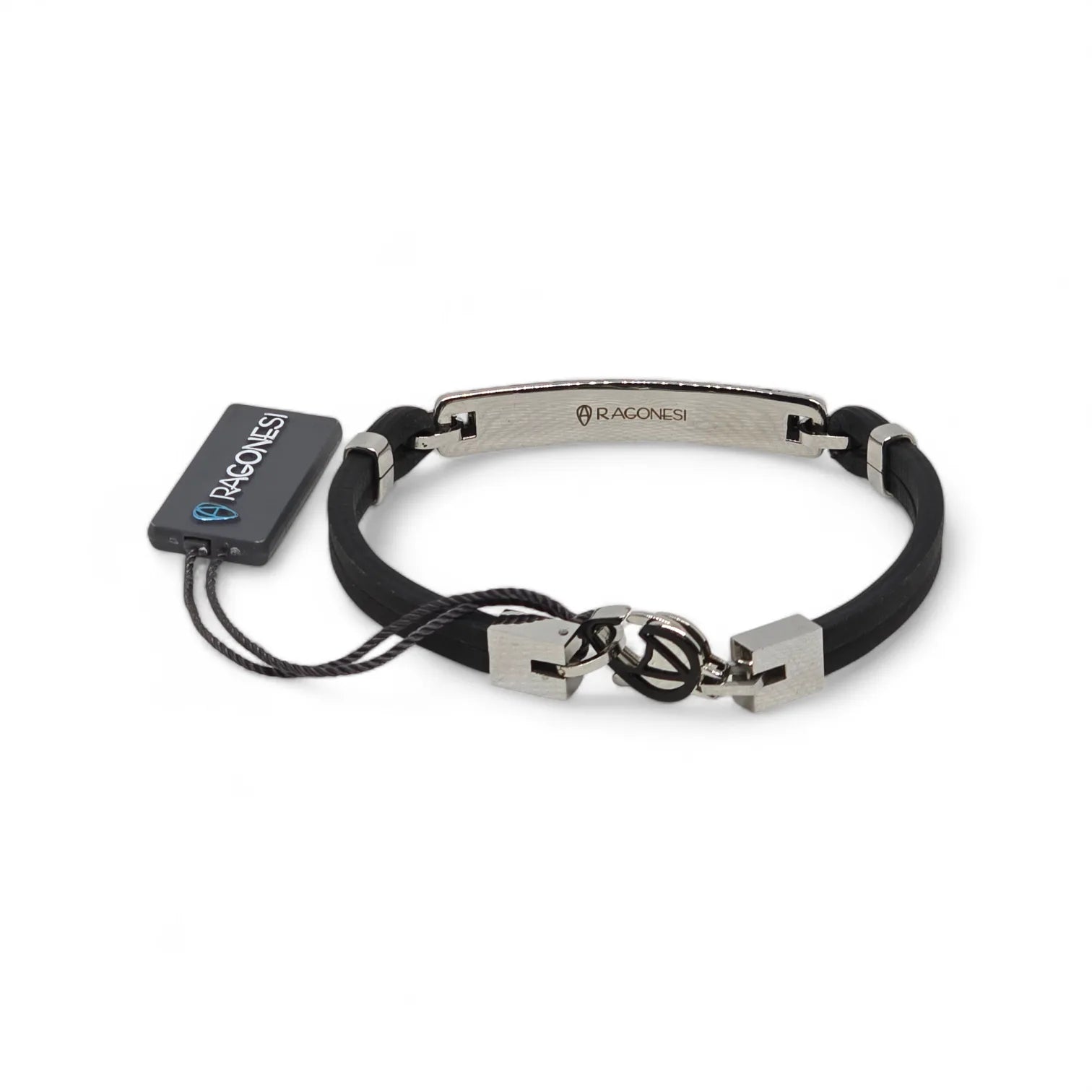 Armband Aragonesen aus schwarzem Leder und Edelstahl mit eleganten geometrischen Details