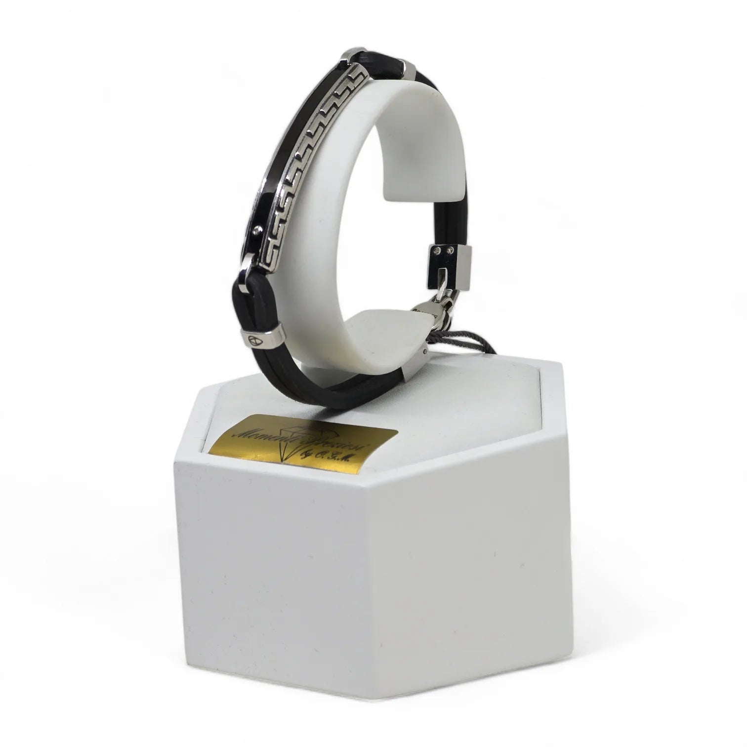 Bracciale Aragonesi in Pelle Nera e Acciaio con Dettagli Geometrici Eleganti