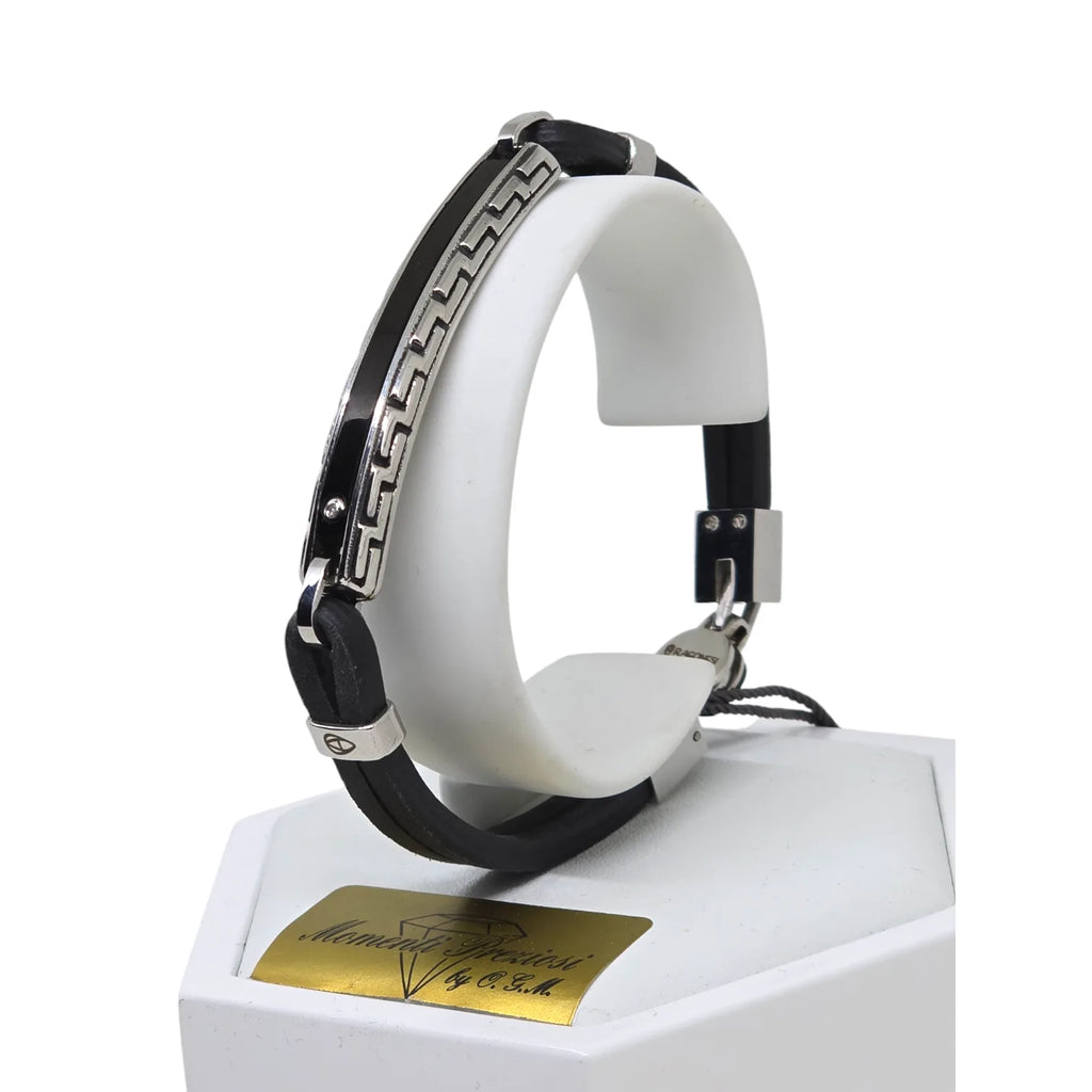 Armband Aragonesen aus schwarzem Leder und Edelstahl mit eleganten geometrischen Details