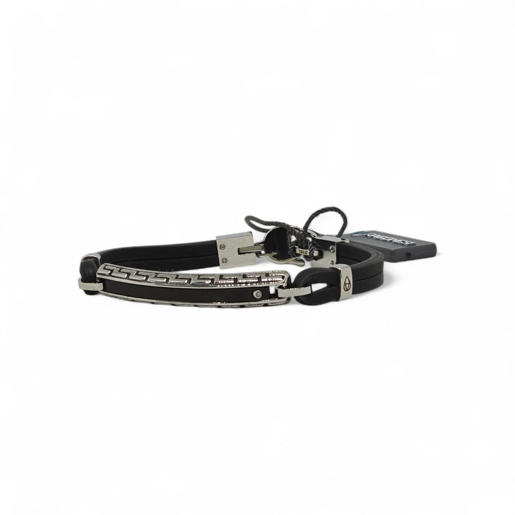 Armband Aragonesen aus schwarzem Leder und Edelstahl mit eleganten geometrischen Details