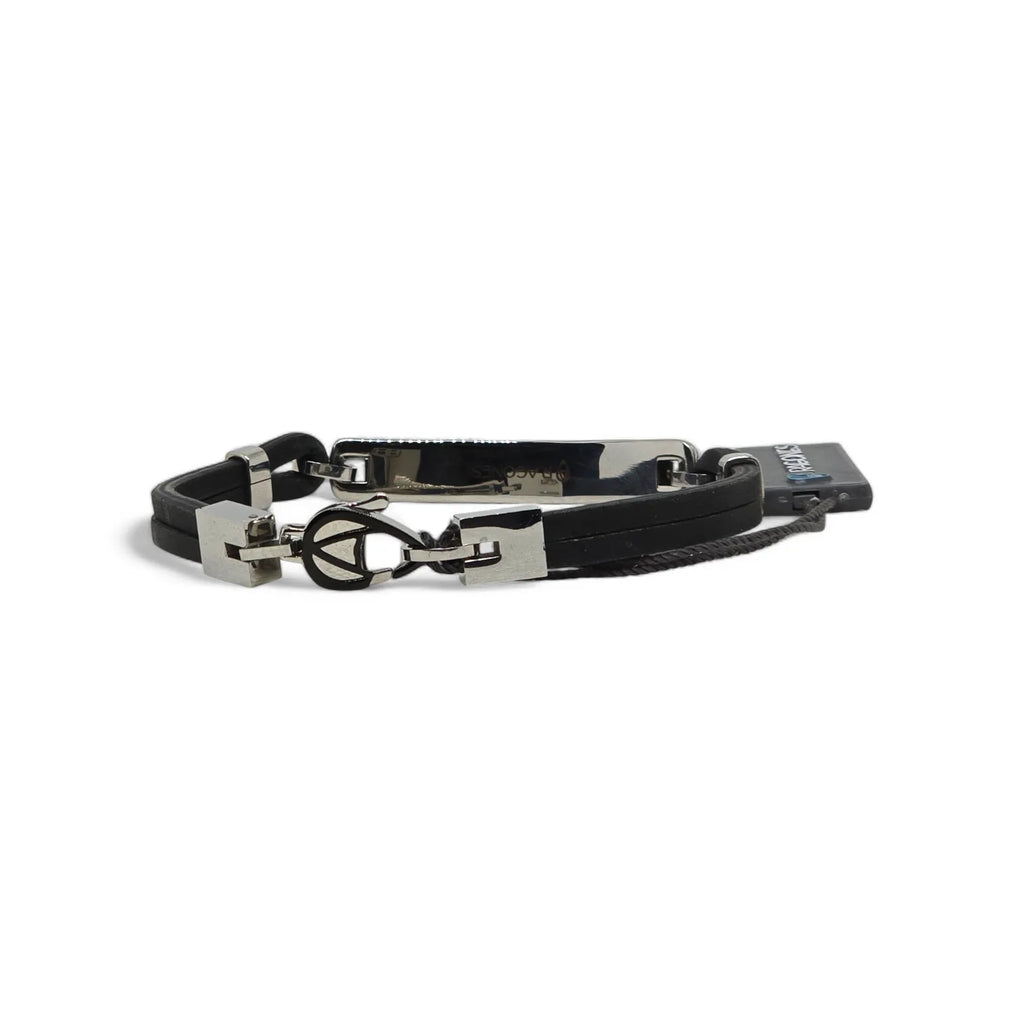 Armband Aragonesen aus schwarzem Leder und Edelstahl mit eleganten geometrischen Details