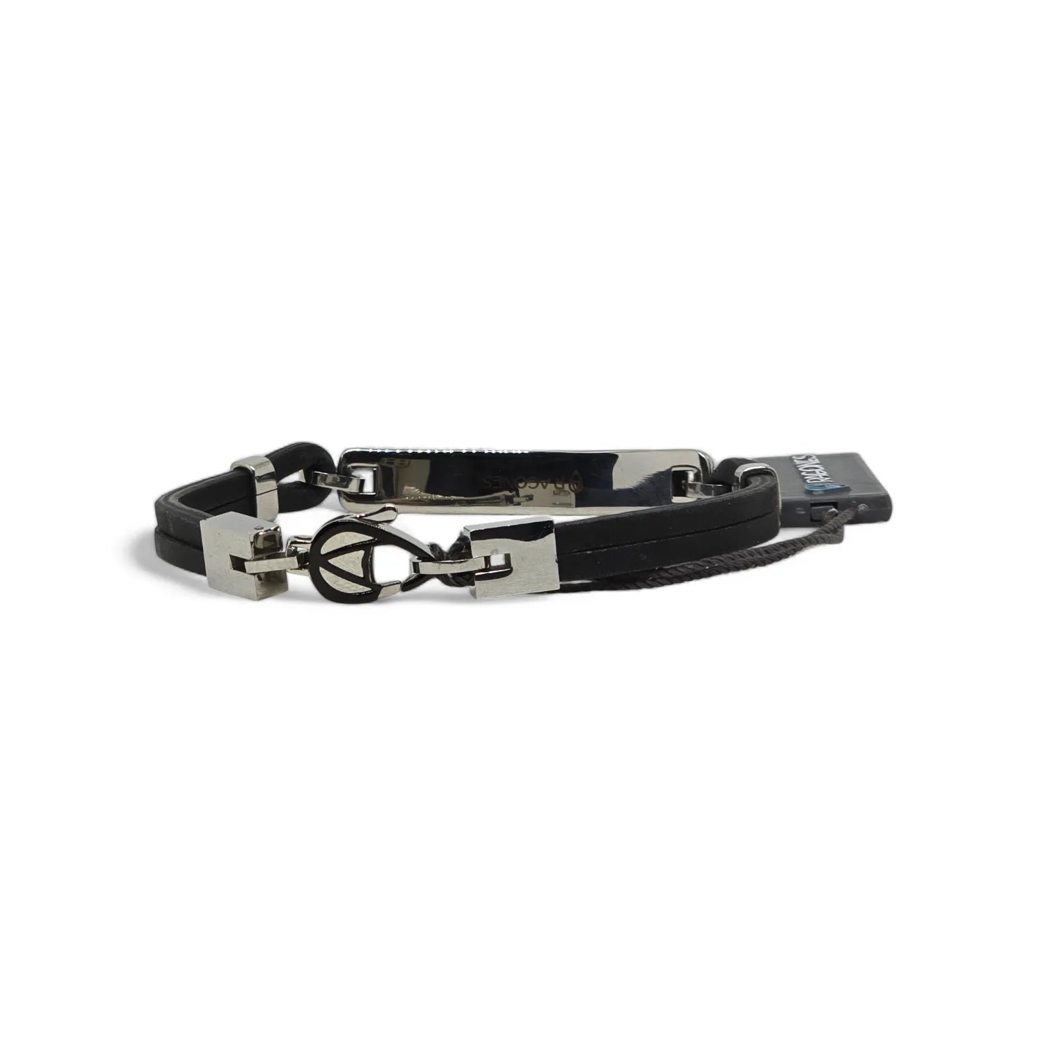 Armband Aragonesen aus schwarzem Leder und Edelstahl mit eleganten geometrischen Details