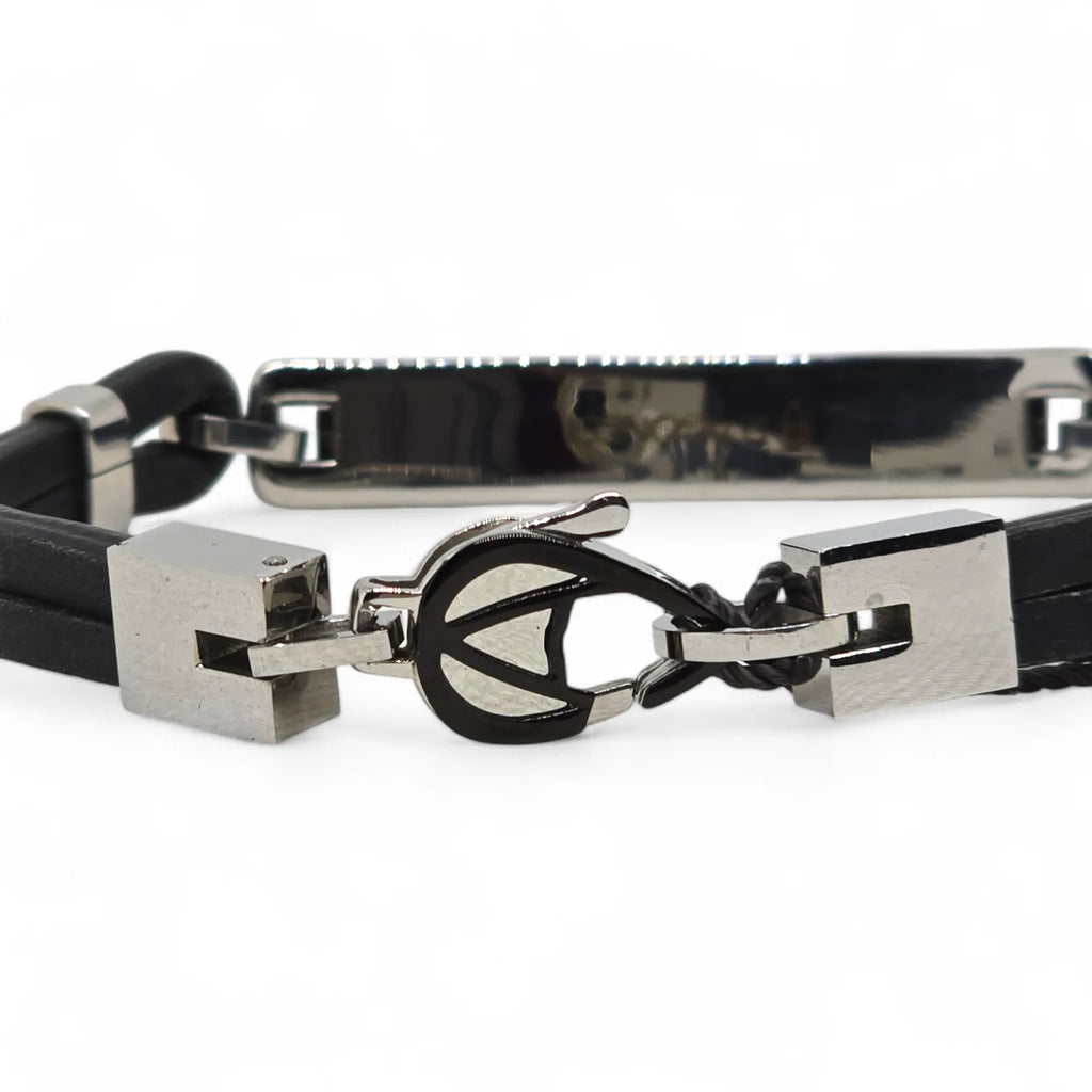 Armband Aragonesen aus schwarzem Leder und Edelstahl mit eleganten geometrischen Details