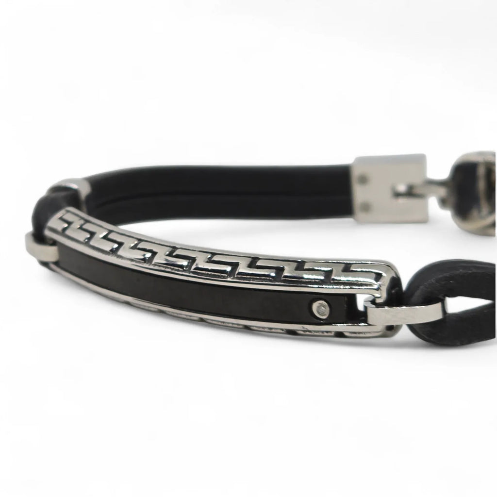 Armband Aragonesen aus schwarzem Leder und Edelstahl mit eleganten geometrischen Details