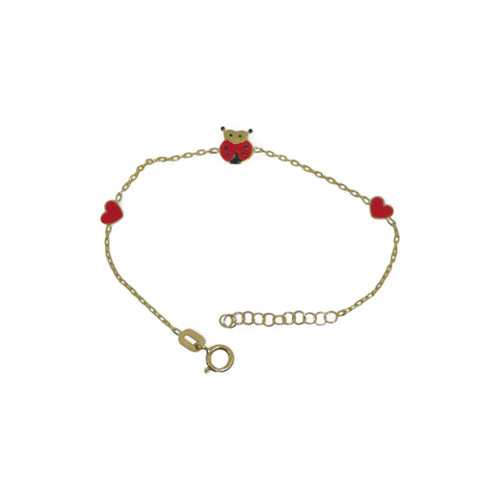 Mädchenarmband aus 18 Karat Gelbgold mit Marienkäfer und Herz