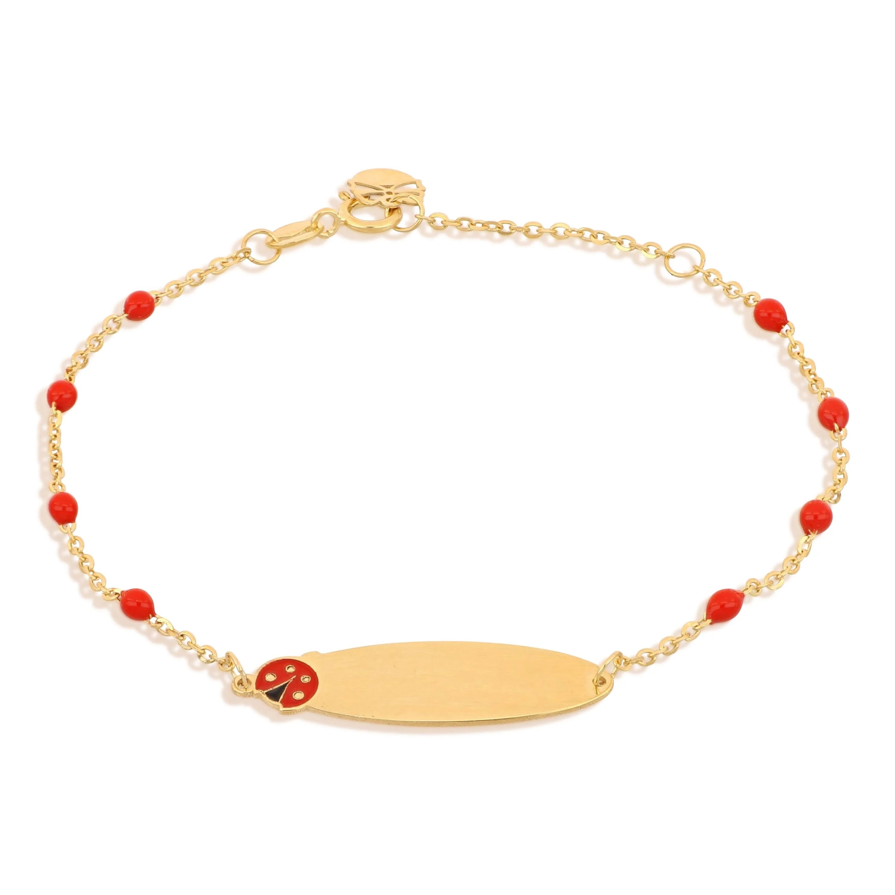 Mädchenarmband aus 18 Karat Gelbgold mit Gravurplatte und Marienkäfer