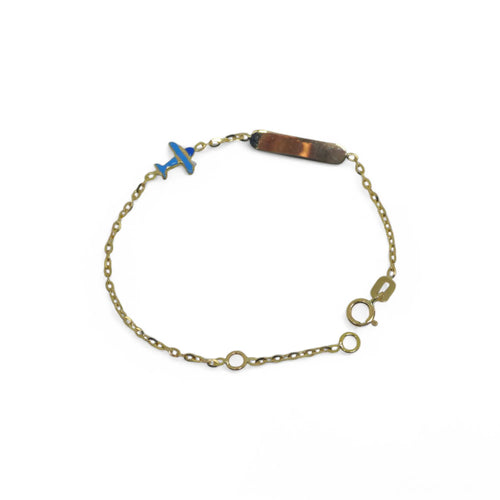 Kinderarmband aus 18 Karat Gelbgold mit Gravurplatte und Flugzeug