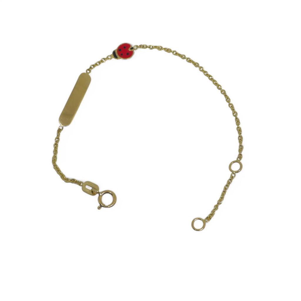 Kinderarmband aus 18 Karat Gelbgold mit Gravurplatte und Marienkäfer