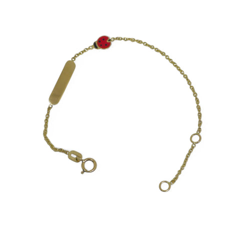 Kinderarmband aus 18 Karat Gelbgold mit Gravurplatte und Marienkäfer