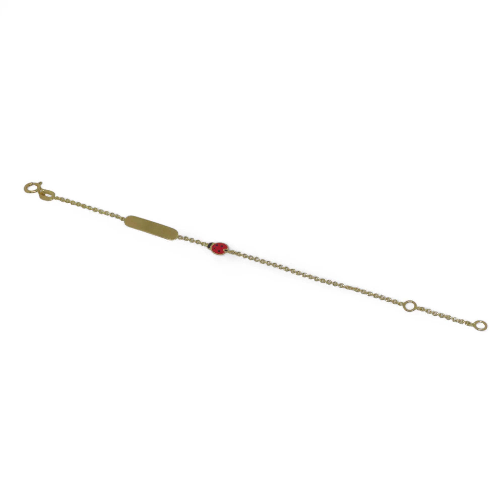 Kinderarmband aus 18 Karat Gelbgold mit Gravurplatte und Marienkäfer