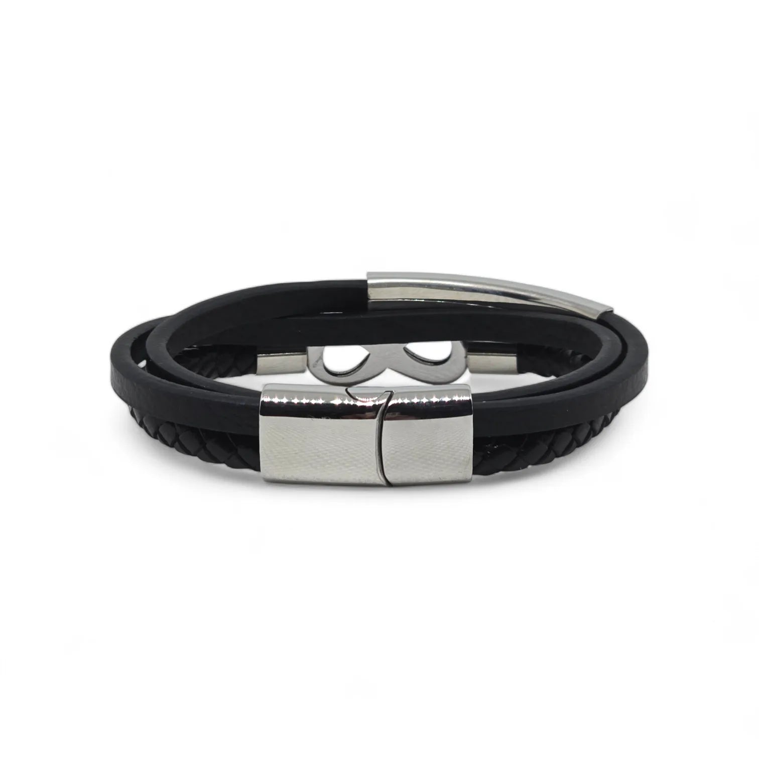 Bracciale da uomo in acciaio e caucciù a tre fili con simbolo infinito e piastra