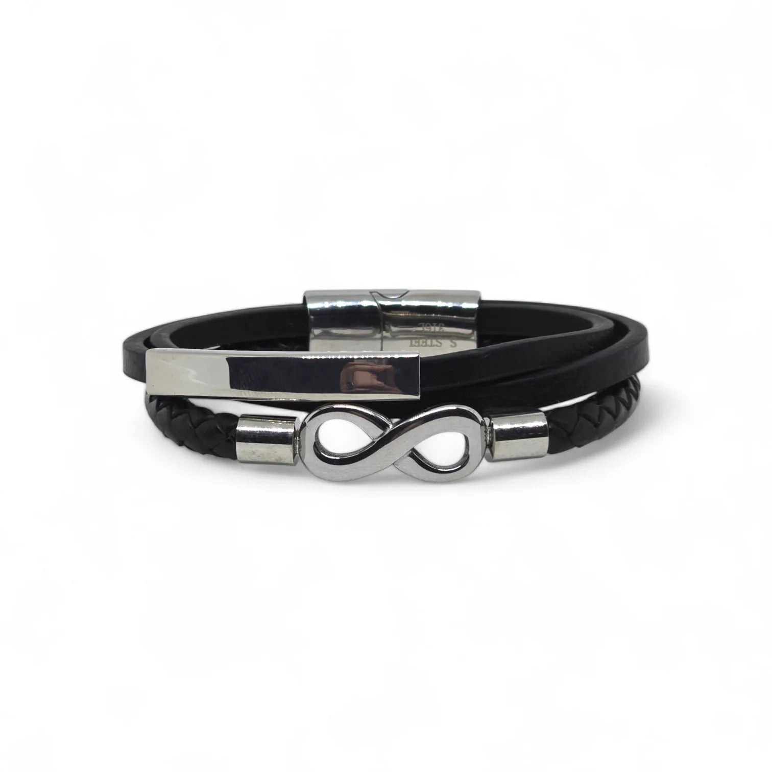 Bracciale da uomo in acciaio e caucciù a tre fili con simbolo infinito e piastra