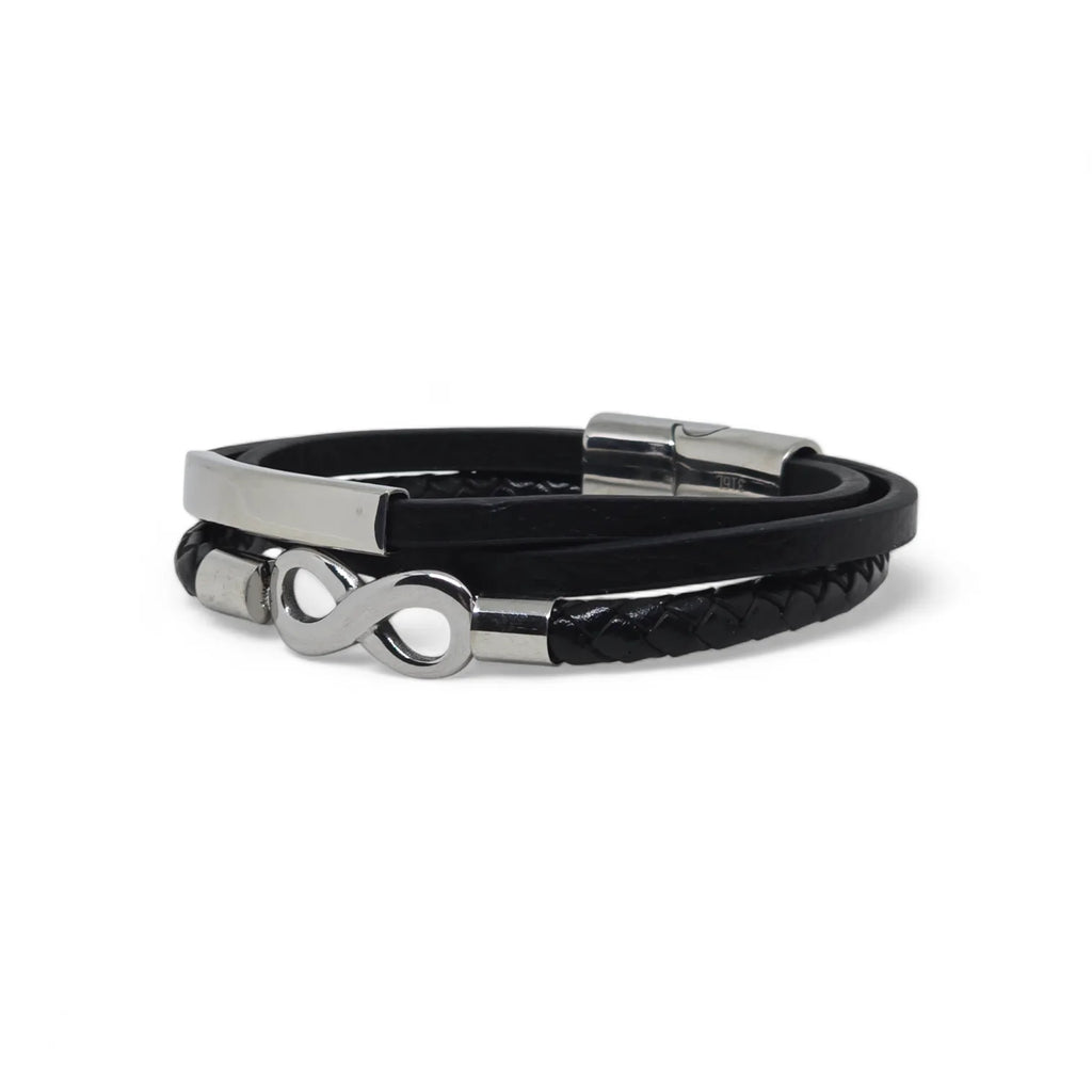 Bracciale da uomo in acciaio e caucciù a tre fili con simbolo infinito e piastra