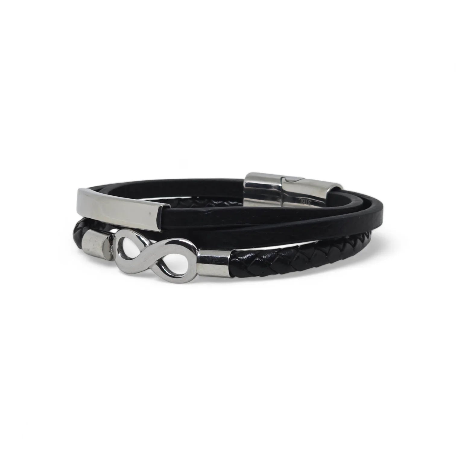 Bracciale da uomo in acciaio e caucciù a tre fili con simbolo infinito e piastra