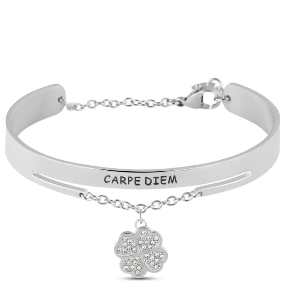 Stroili Damen-Armreif Bangle Lady Message Stahl Kleeblatt und Kristalle 1675526