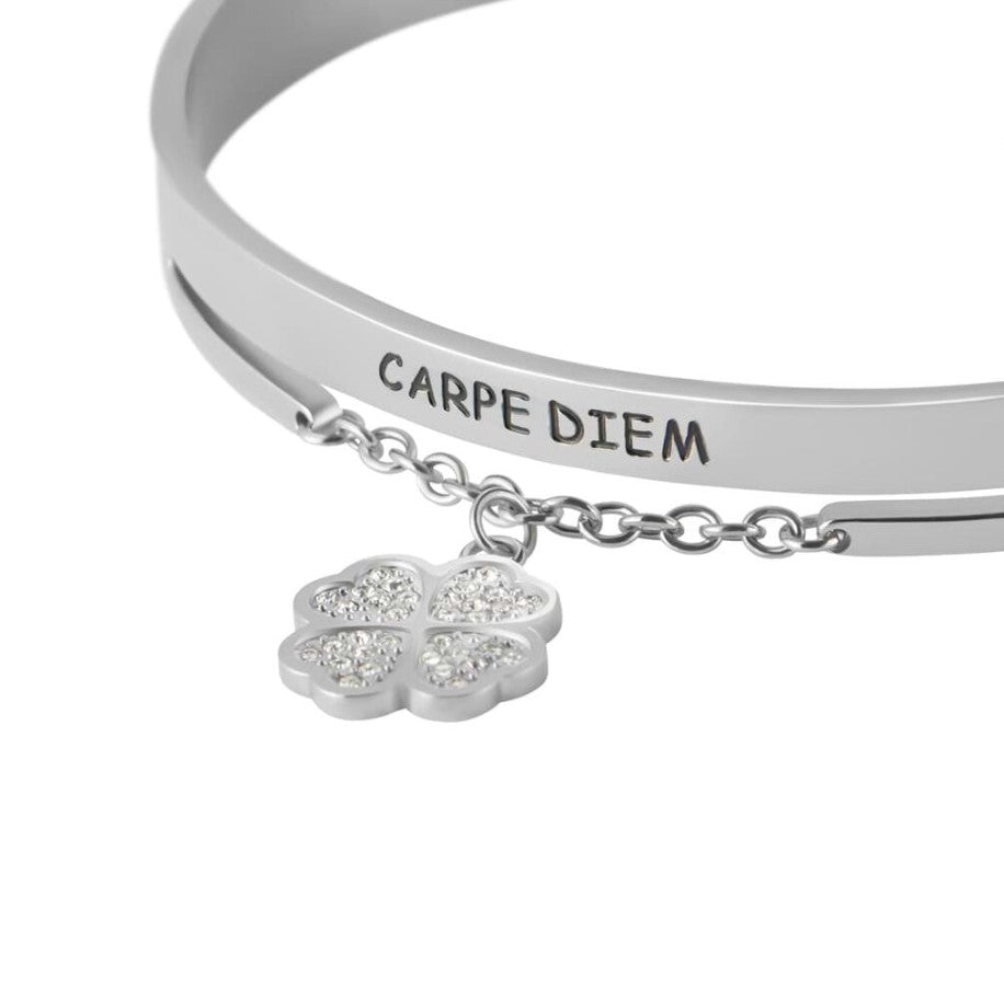 Stroili Damen-Armreif Bangle Lady Message Stahl Kleeblatt und Kristalle 1675526